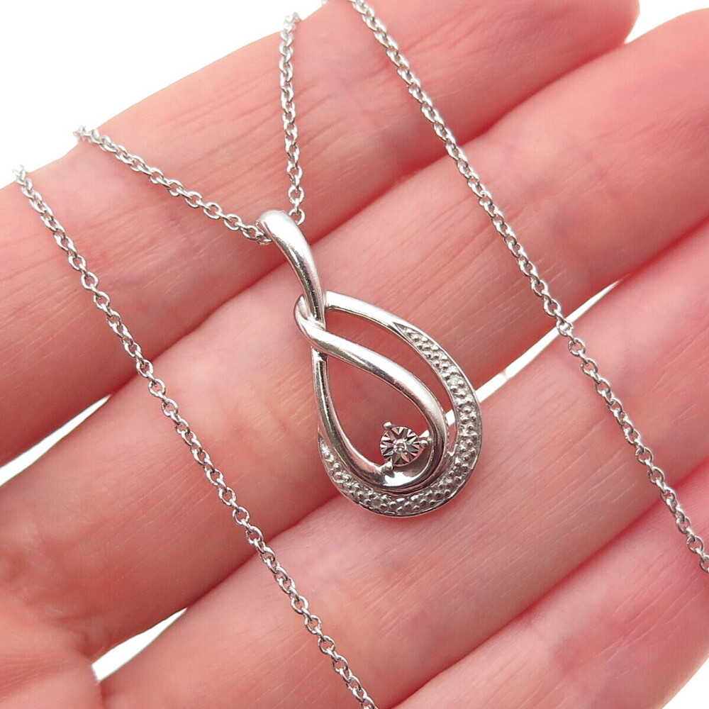 925 Sterling Silver Real Round-Cut Diamond Teardrop Cable Chain Necklace 18"